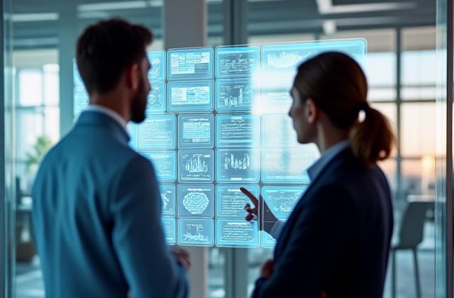 Deux professionnels discutant devant un écran affichant des graphiques de stratégie digitale.