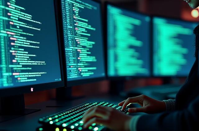 Code informatique affiché sur plusieurs moniteurs dans un environnement de bureau moderne.